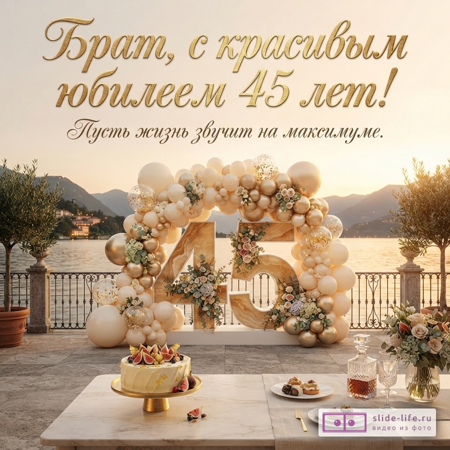 Золотые буквы на светлом фоне «Брат, с красивым юбилеем 45 лет! Пусть жизнь звучит на максимуме.».