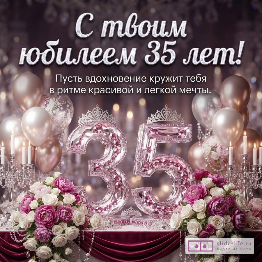 Праздничная открытка с розово-фиолетовым фоном, свечами, цветами, воздушными шарами и числом 35, текст «С твоим юбилеем 35 лет! Пусть вдохновение кружит тебя в ритме красивой и легкой мечты.»