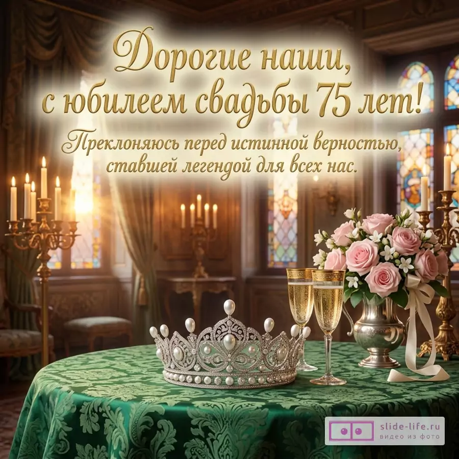 Корона на подушке, бокалы с вином и букет роз на столе со скатертью, надпись «Близкие, с юбилеем свадьбы 75 лет! Преклоняюсь перед истинной верностью, ставшей легендой для всех нас.»