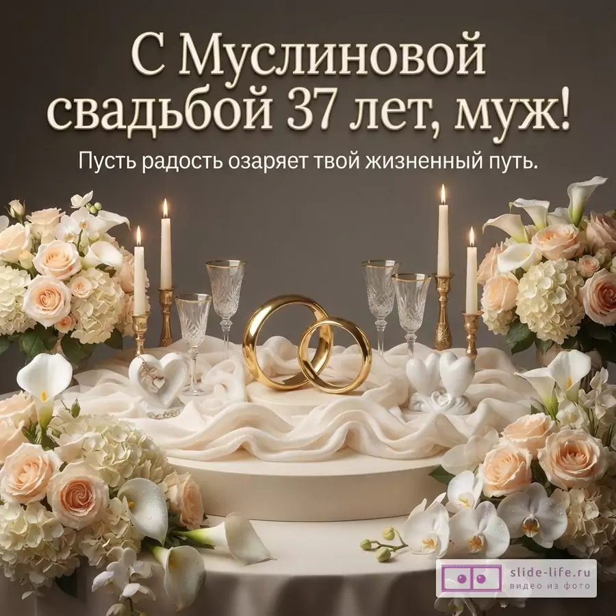 Темно-серый фон, на переднем плане стол с белой скатертью, на нем бежевая ткань, два золотых кольца, две свечи в золотых подсвечниках, два бокала, две белые фигурки в виде сердец, букеты из белых и персиковых роз, белых калл и орхидей. Текст: «С Муслиновой свадьбой 37 лет, муж! Пусть радость озаряет твой жизненный путь.»