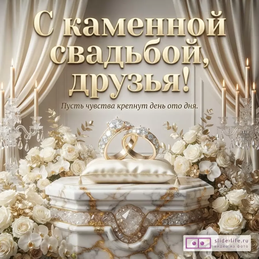 Фон бежевый, шторы, свечи, цветы белые, золотые кольца на подушке. Текст: «С каменной свадьбой, друзья! Пусть чувства крепнут день ото дня.»