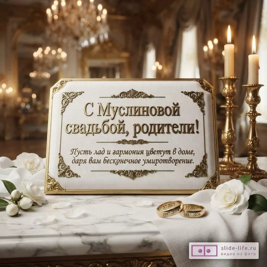 Белая табличка с золотой рамкой и текстом «С Муслиновой свадьбой, родители! Пусть лад и гармония цветут в доме, даря вам бесконечное умиротворение.». На переднем плане белые цветы, лепестки и два золотых кольца с надписью «37 ЛЕТ 1987-2024».