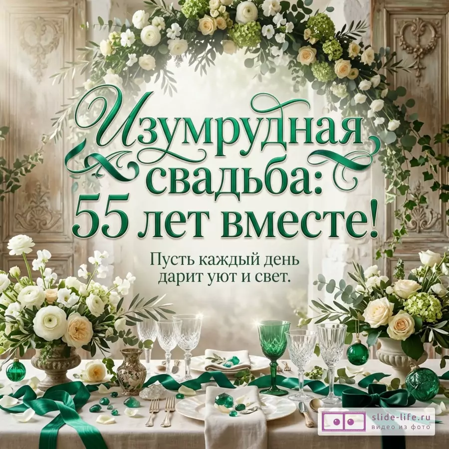 Открытка в бело-зеленых тонах, цветочная арка, белые розы, зелень, сервированный стол, бокалы, изумрудные ленты и декор, текст «Изумрудная свадьба: 55 лет вместе! Пусть каждый день дарит уют и свет.»