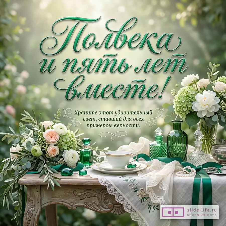 Открытка с текстом «Полвека и пять лет вместе!» и «Храните этот удивительный свет, ставший для всех примером верности.» Светло-зеленый фон, белые и зеленые цветы, изумрудные флаконы, чашка, кружево, ленты