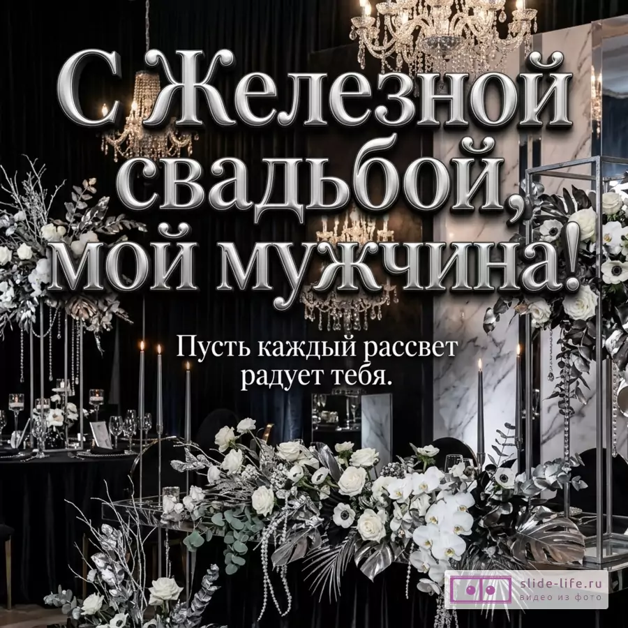 Черный и серый интерьер с люстрами, свечами, белыми цветами и крупной надписью «С Железной свадьбой, мой мужчина! Пусть каждый рассвет радует тебя.»