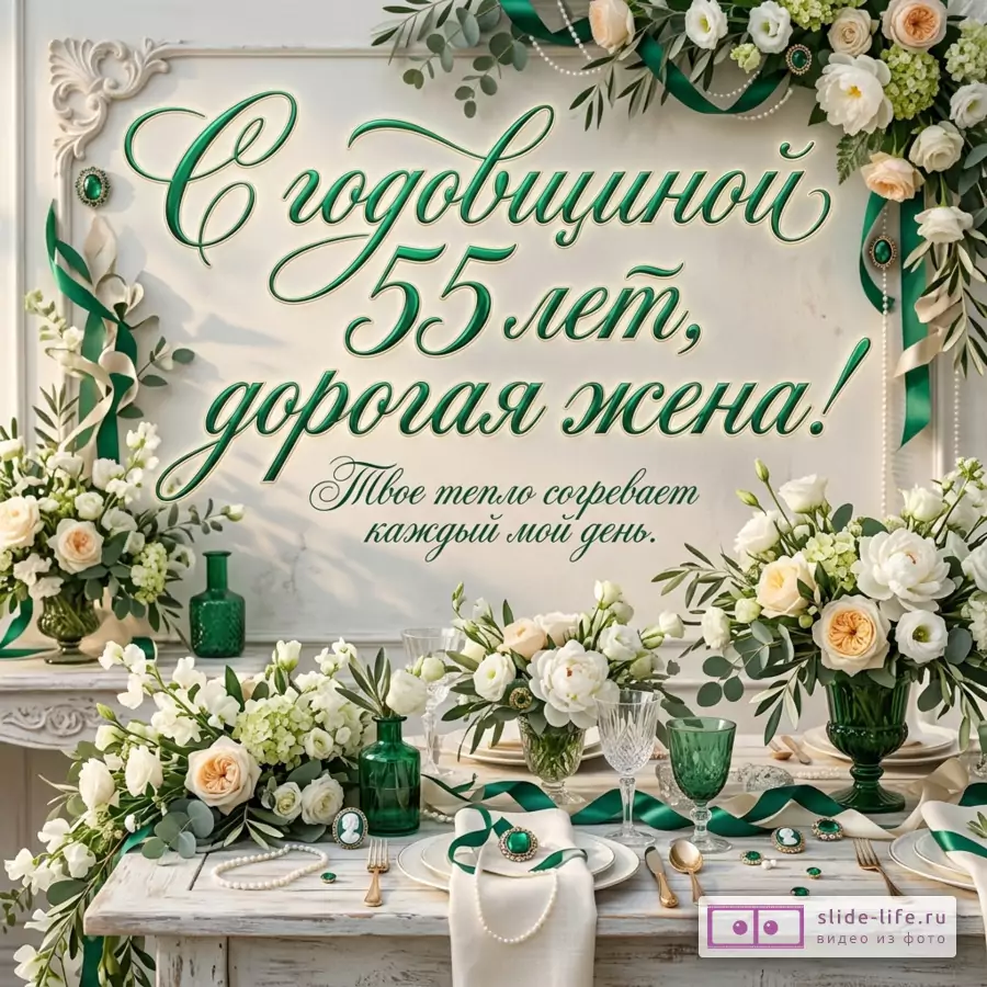 Открытка с белым фоном, зелёной каллиграфической надписью «С годовщиной 55 лет, дорогая жена! Твое тепло согревает каждый мой день.», белыми цветами, зелёными лентами, жемчугом, посудой и изумрудным декором
