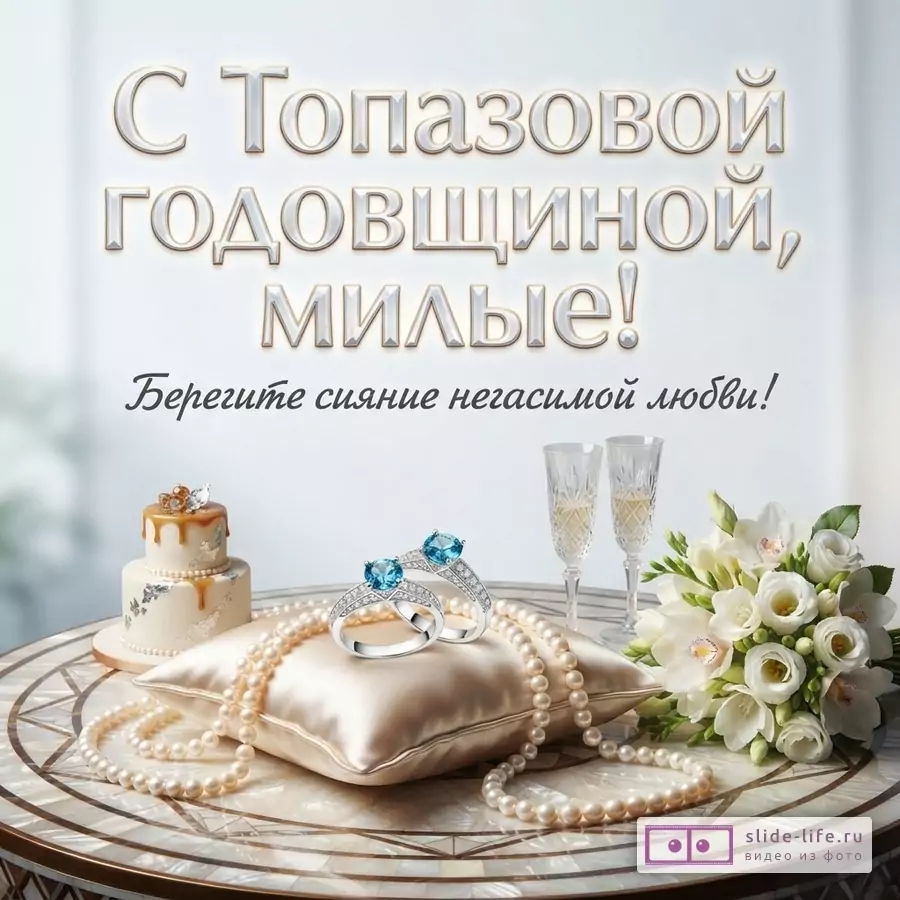 Белый фон, сверху текст серебристого цвета «С Топазовой годовщиной, милые!», ниже текст черного цвета «Берегите сияние негасимой любви!». Внизу на столе торт, подушка с кольцами, бокалы с шампанским, букет цветов и жемчужные бусы.