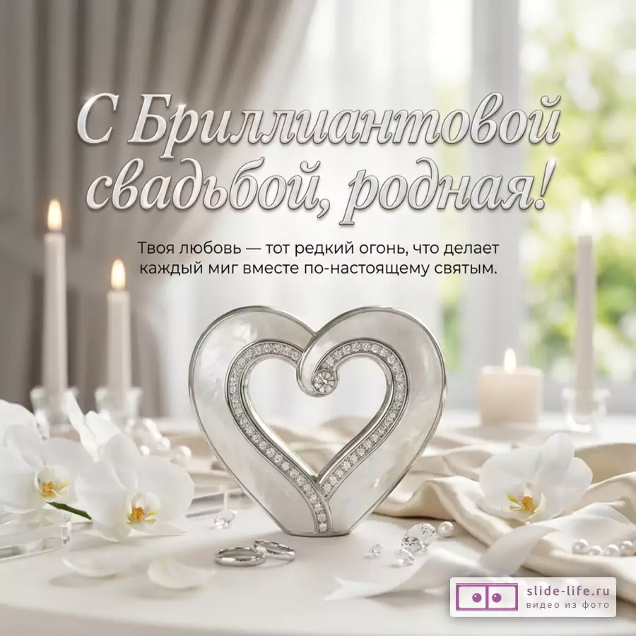 Белый и бежевый фон, свечи, белые орхидеи, жемчуг, кольца, декоративное сердце с кристаллами, текст «С Бриллиантовой свадьбой, родная! Твоя любовь — тот редкий огонь, что делает каждый миг вместе по-настоящему святым.»