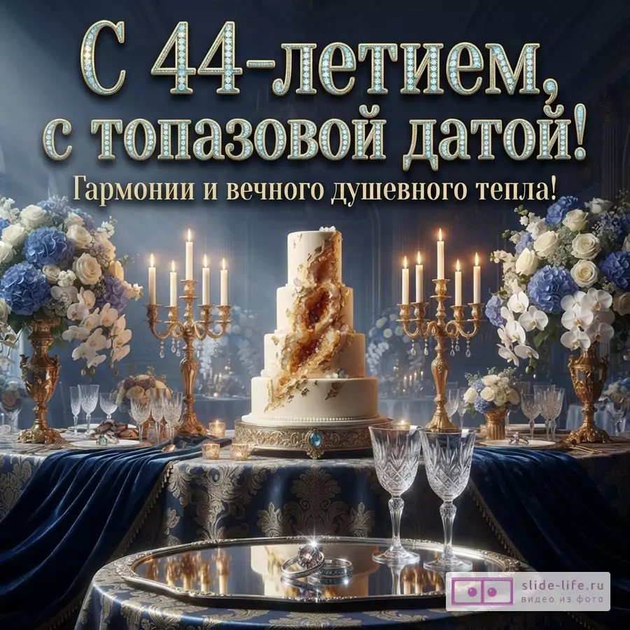Темно-синий фон, праздничный стол с белым многоярусным тортом, цветами, свечами. Текст: «С 44-летием, с топазовой датой! Гармонии и вечного душевного тепла!»