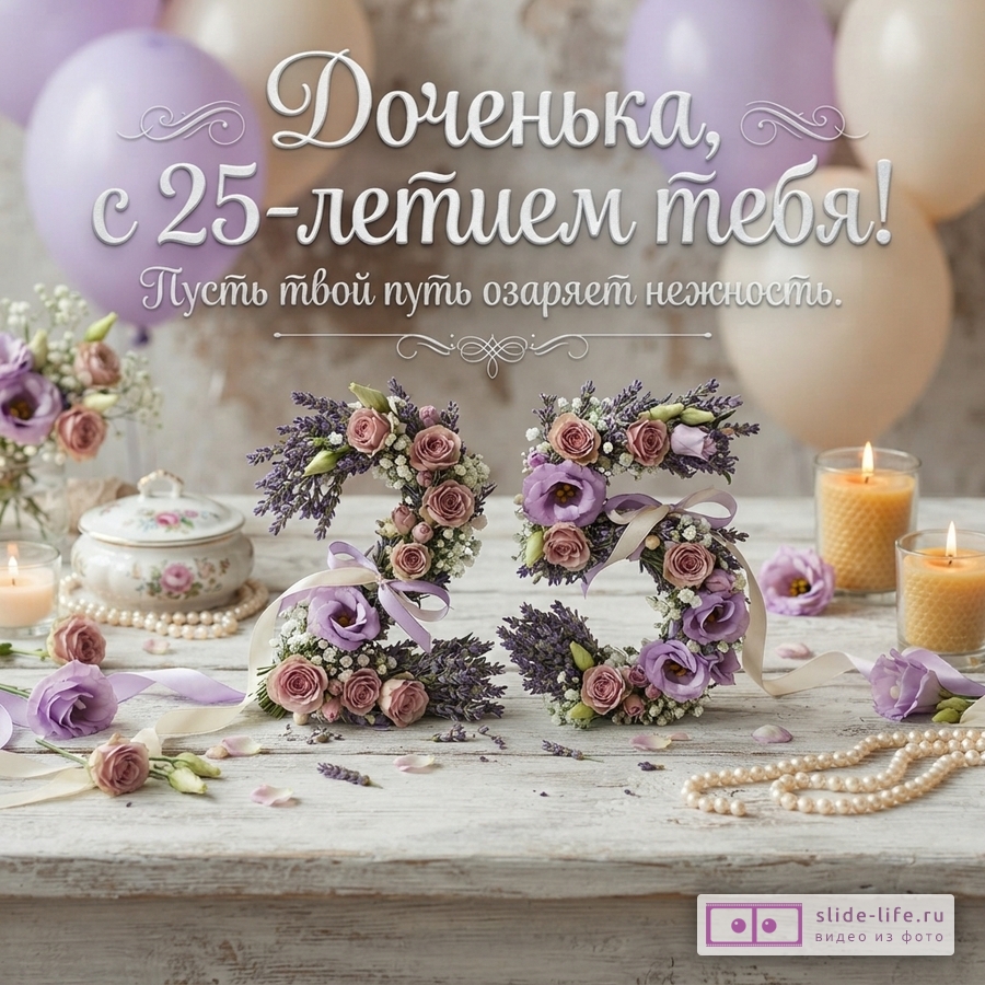 Объемная цифра 25 из лаванды и роз на светлом деревянном столе со свечами, шарами и надписью «Доченька, с 25-летием тебя! Пусть твой путь озаряет нежность.»