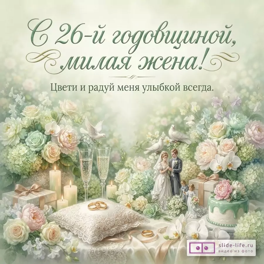 Фон в светлых пастельных тонах, цветы, свечи, бокалы, кольца, свадебная пара и торт. Текст «С 26-й годовщиной, милая жена! Цвети и радуй меня улыбкой всегда.»