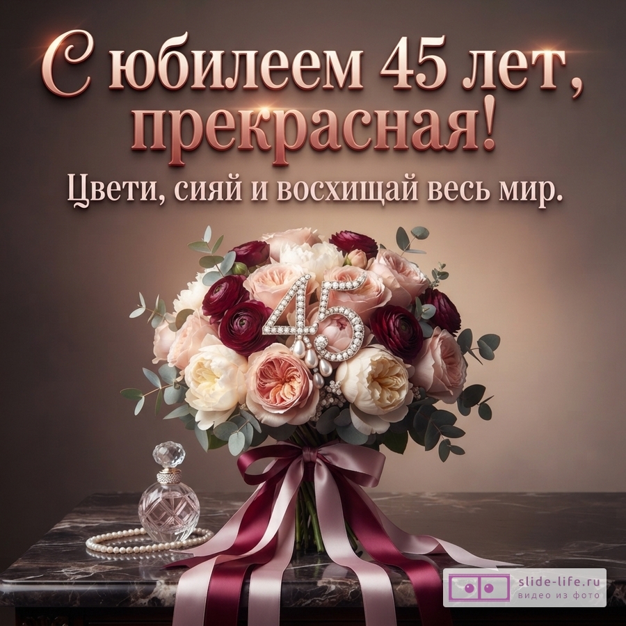 Коричневый фон, сверху текст «С юбилеем 45 лет, прекрасная!» и «Цвети, сияй и восхищай весь мир.». В центре букет роз с цифрой «45» из страз, перевязанный лентами. Слева флакон духов и жемчужное ожерелье.