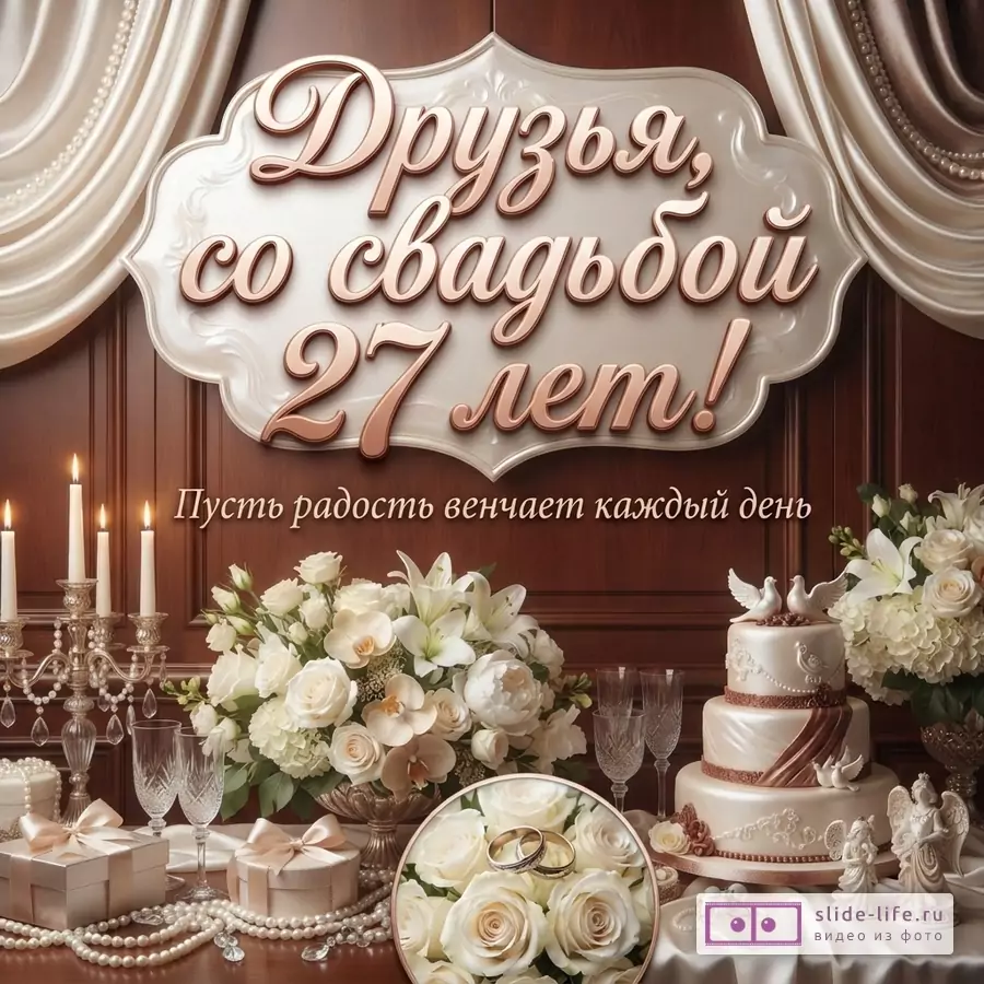 Открытка с белым фоном, коричневой дверью, золотыми буквами «Друзья, со свадьбой 27 лет!» и черными буквами «Пусть радость венчает каждый день.». Внизу свадебный стол с тортом, цветами, кольцами, подарками и свечами.