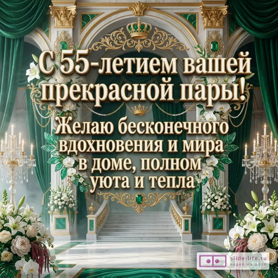 Открытка с текстом «С 55-летием вашей прекрасной пары! Желаю бесконечного вдохновения и мира в доме, полном уюта и тепла», зеленый и белый фон, золотой декор, корона, арки, шторы, белые цветы, люстры, лестница