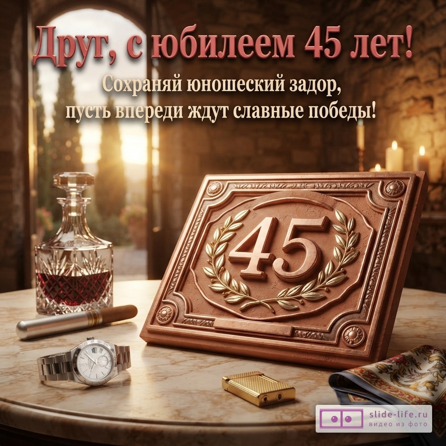 Фон с аркой и закатом, на переднем плане стол с графином виски, сигарой, часами, зажигалкой и платком. На столе стоит медная табличка с цифрой «45» и лавровым венком. Текст: «Друг, с юбилеем 45 лет! Сохраняй юношеский задор, пусть впереди ждут славные победы!»