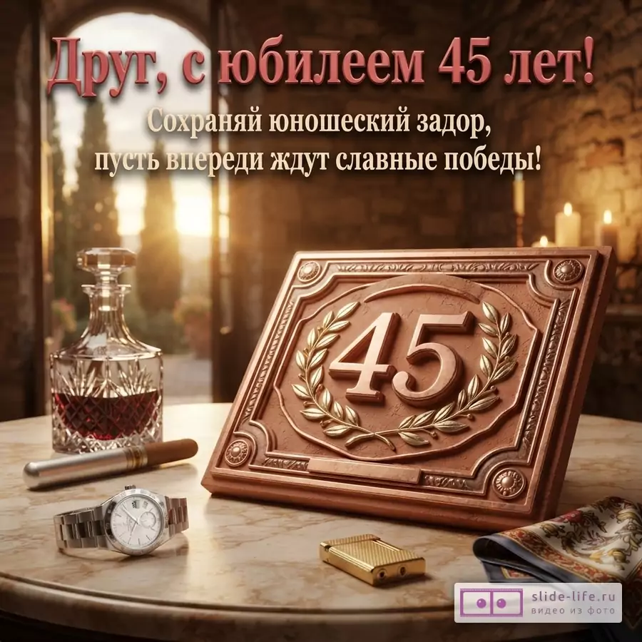 Фон с аркой и закатом, на переднем плане стол с графином виски, сигарой, часами, зажигалкой и платком. На столе стоит медная табличка с цифрой «45» и лавровым венком. Текст: «Друг, с юбилеем 45 лет! Сохраняй юношеский задор, пусть впереди ждут славные победы!»