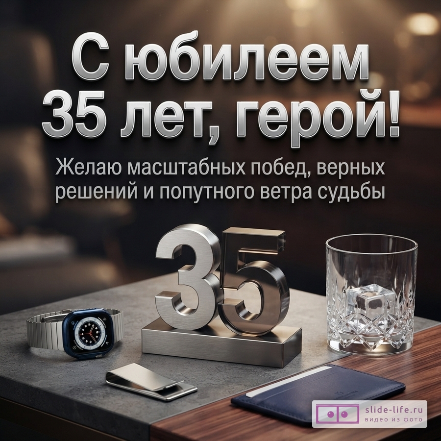 Металлическая цифра 35, наручные часы, стакан со льдом и зажим для денег на столе, надпись «С юбилеем 35 лет, герой! Желаю масштабных побед, верных решений и попутного ветра судьбы».