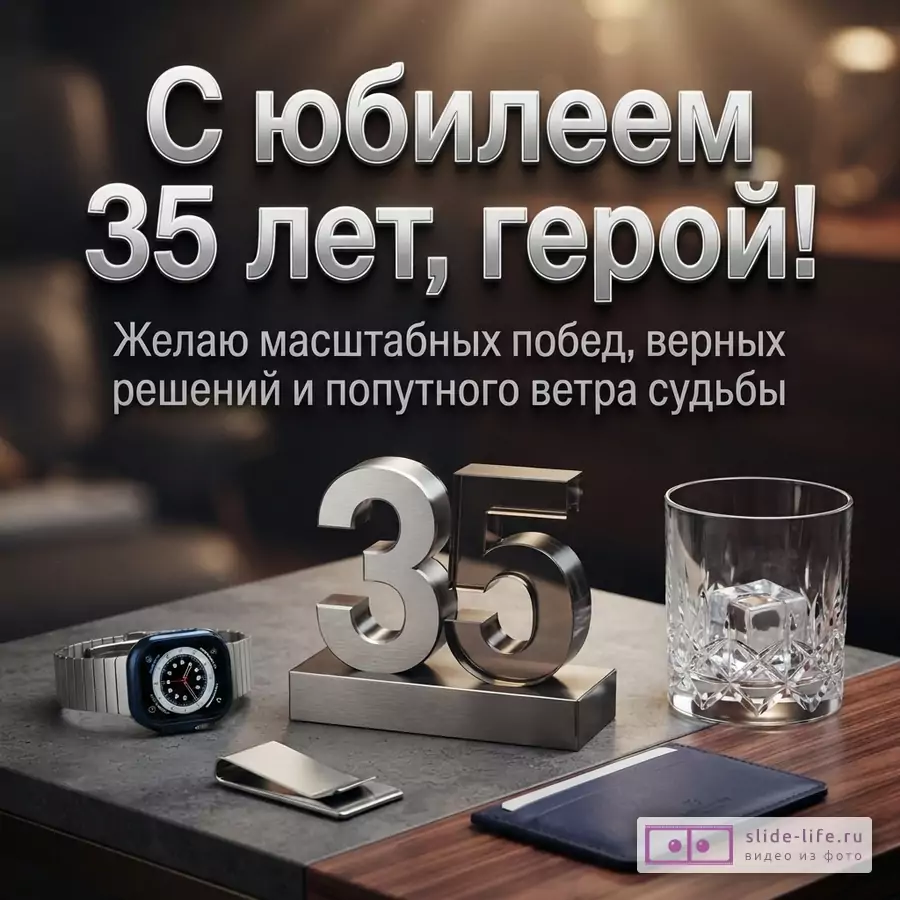 Металлическая цифра 35, наручные часы, стакан со льдом и зажим для денег на столе, надпись «С юбилеем 35 лет, герой! Желаю масштабных побед, верных решений и попутного ветра судьбы».