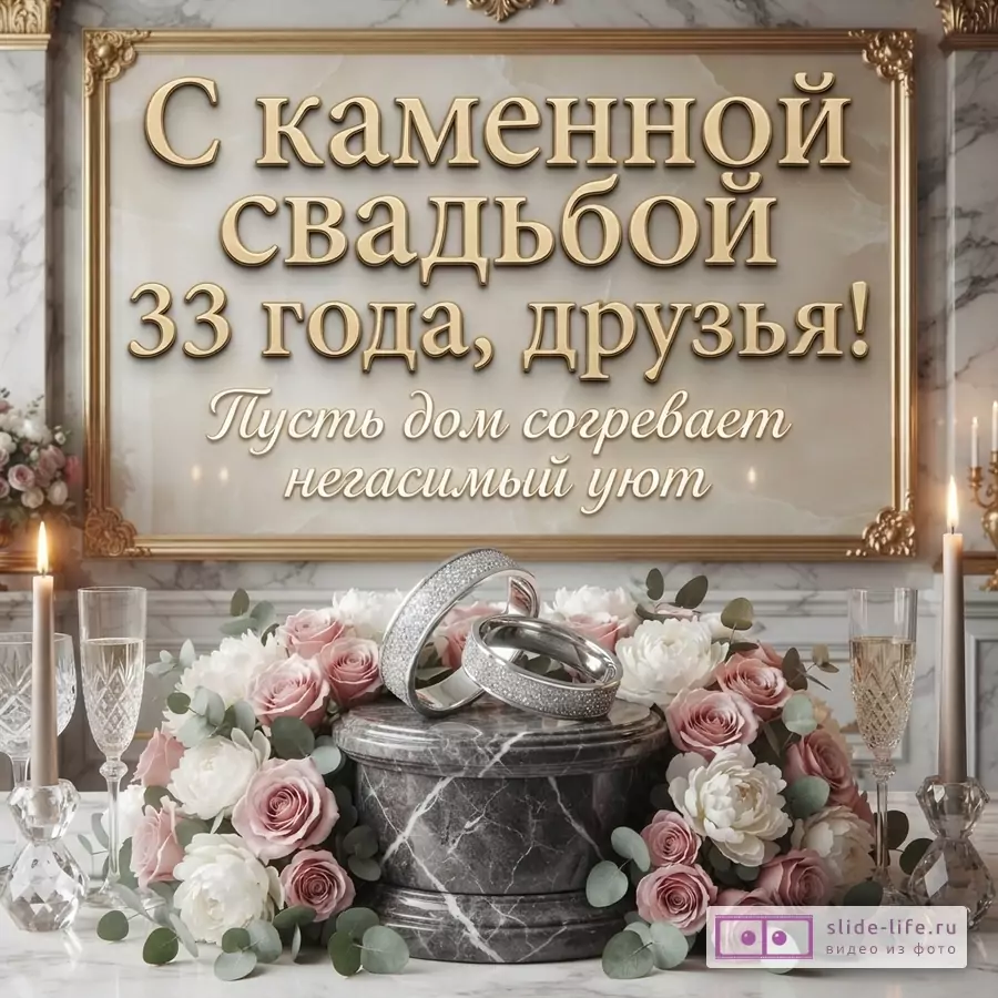 Золотой текст на мраморной рамке, фон мраморный. Внизу композиция из розовых и белых роз, зелени, двух обручальных колец на мраморной подставке, свечей и бокалов. Текст: «С каменной свадьбой 33 года, друзья! Пусть дом согревает негасимый уют»