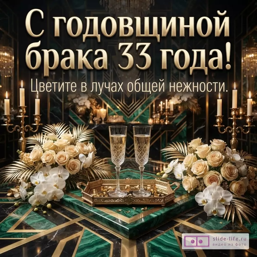 Темно-зеленый фон, золотые свечи, золотые цветы, два бокала шампанского, золотой поднос. Текст: «С годовщиной брака 33 года! Цветите в лучах общей нежности.»