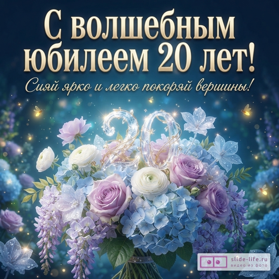 Темно-синий фон, букет сиреневых, белых и голубых цветов, цифра «20» из прозрачного материала, светлячки. Текст: «С волшебным юбилеем 20 лет! Сияй ярко и легко покоряй вершины!»
