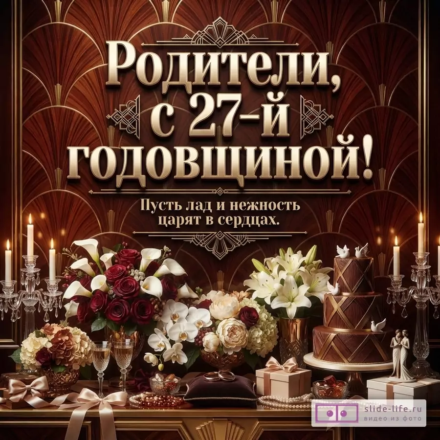 Открытка с коричневым фоном под дерево, золотыми узорами, свечами, цветами, тортом и текстом «Родители, с 27-й годовщиной! Пусть лад и нежность царят в сердцах.»