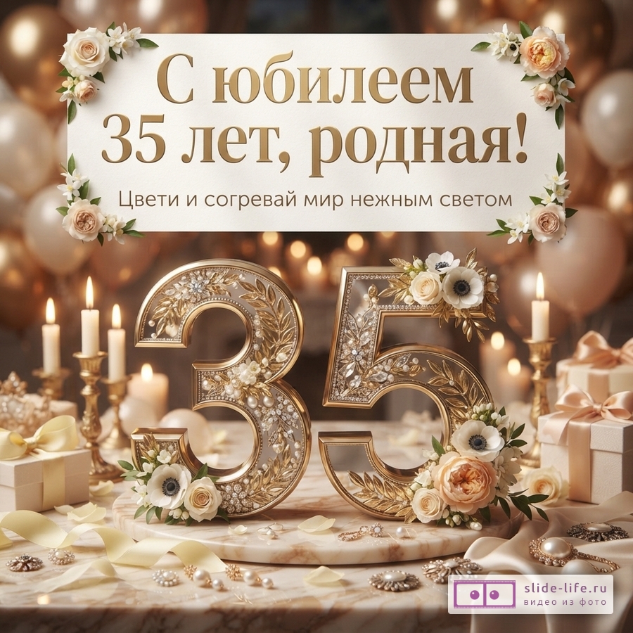 Открытка с бежевым фоном, золотыми шарами и цветами. На белой табличке золотой текст «С юбилеем 35 лет, родная!» и «Цвети и согревай мир нежным светом.».
