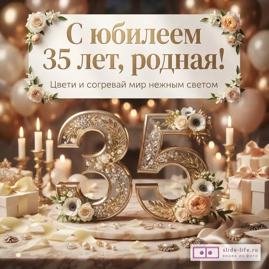 Открытка с бежевым фоном, золотыми шарами и цветами. На белой табличке золотой текст «С юбилеем 35 лет, родная!» и «Цвети и согревай мир нежным светом.».