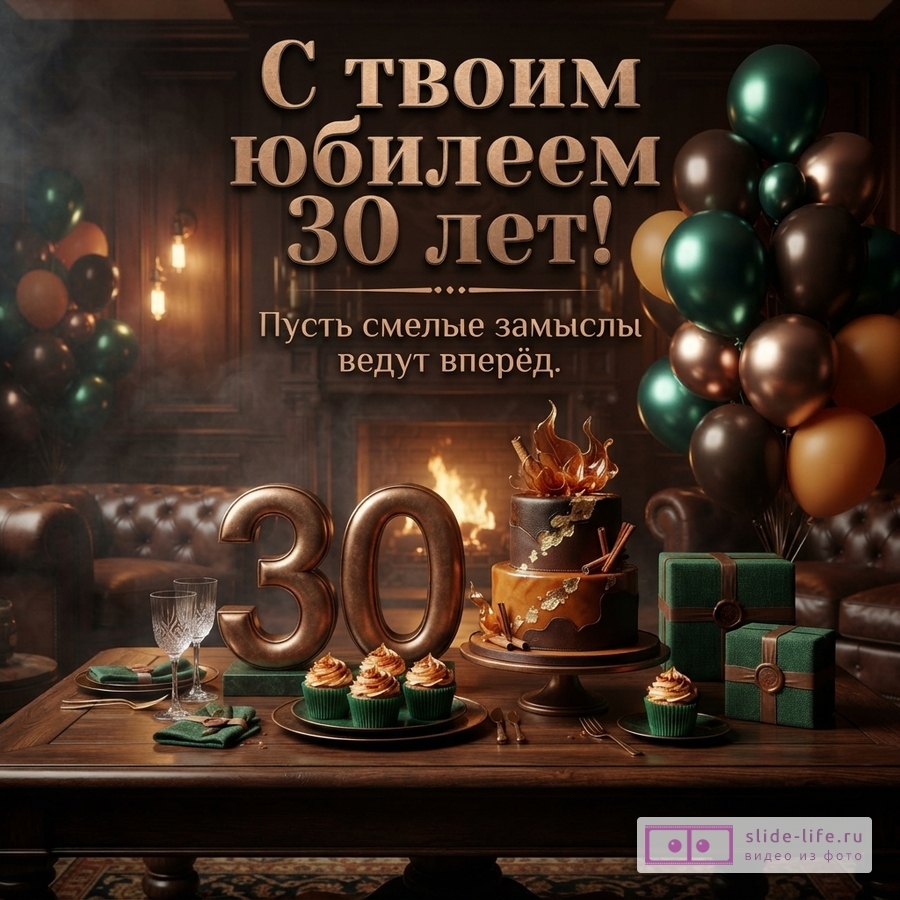 Темный интерьер с камином, шарами, тортом, подарками и цифрой 30, текст «С твоим юбилеем 30 лет! Пусть смелые замыслы ведут вперёд.»