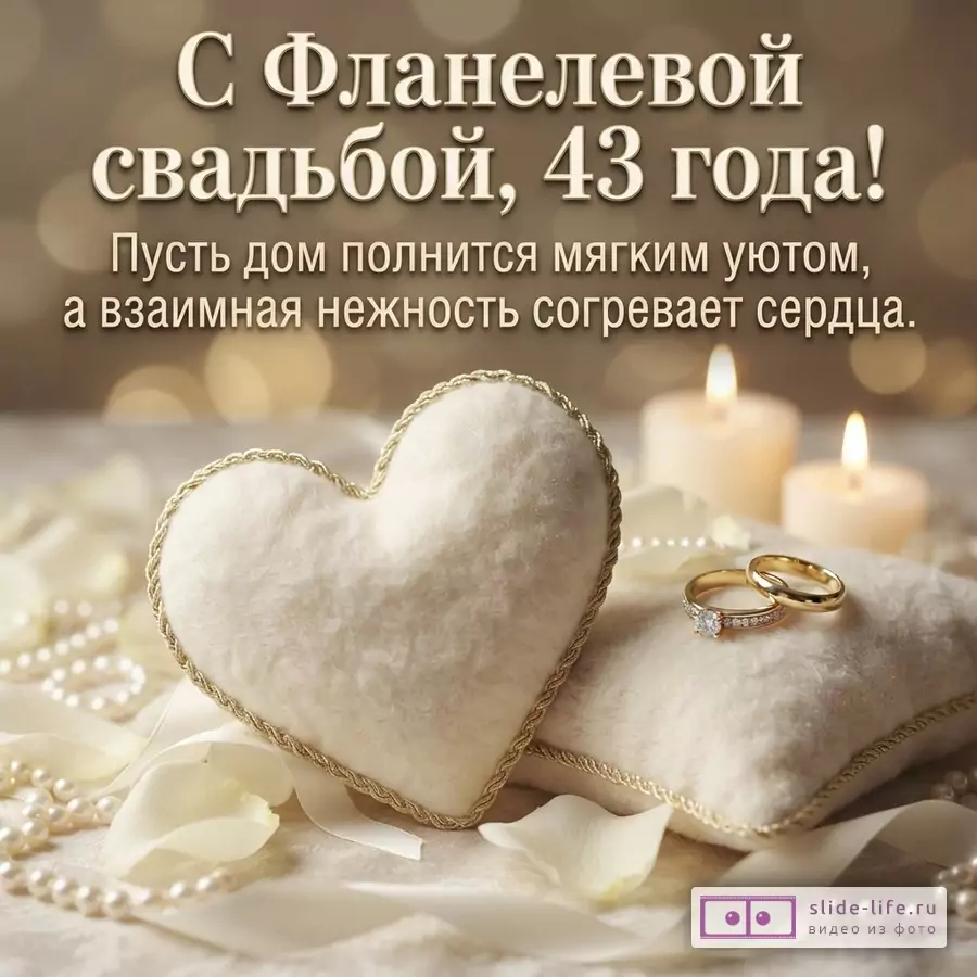 Кремовый фон боке, свечи, жемчуг, лепестки роз. Текст сверху: «С Фланелевой свадьбой, 43 года! Пусть дом полнится мягким уютом, а взаимная нежность согревает сердца.»