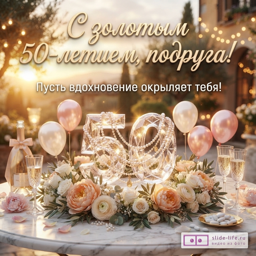 Открытка с золотым фоном заката, на переднем плане мраморный стол с цветами, шампанским, бокалами и цифрой 50 из кристаллов. Текст: «С золотым 50-летием, подруга! Пусть вдохновение окрыляет тебя!»