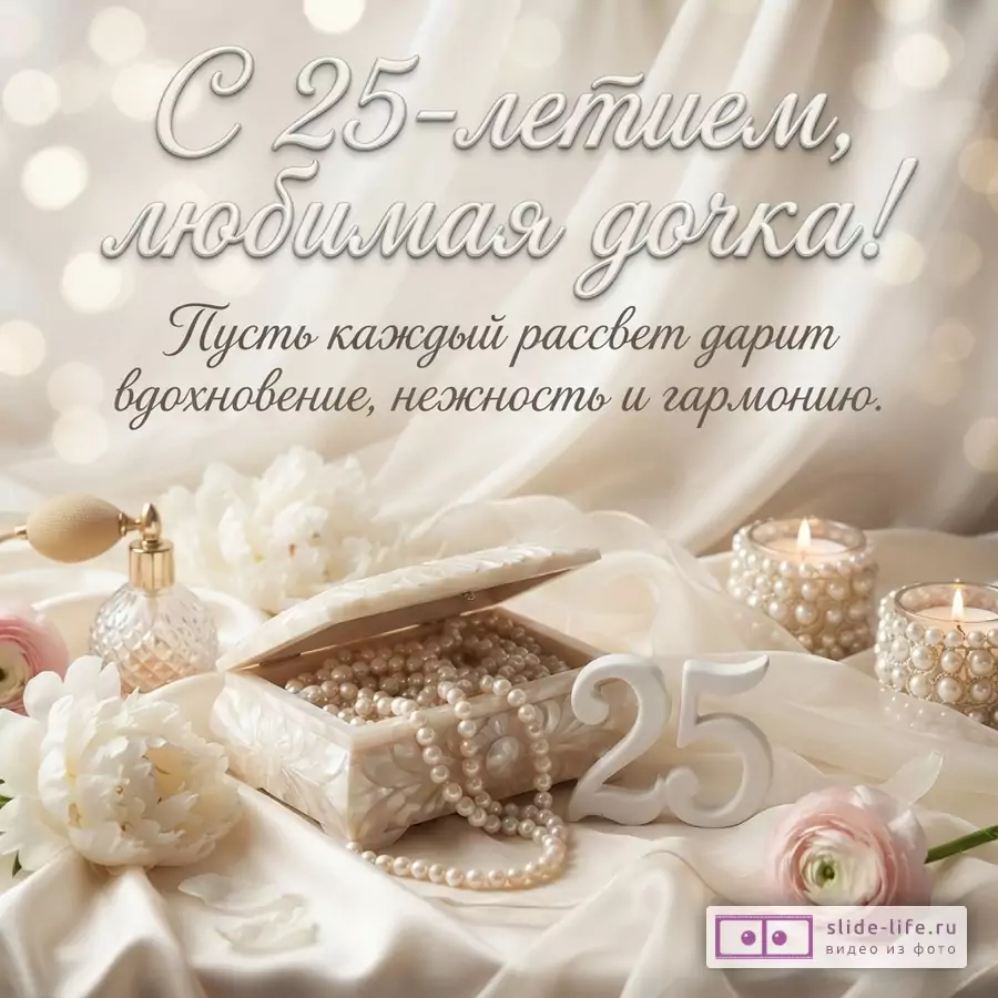Шкатулка с жемчугом, свечи, флакон духов, цифра 25 и надпись «С 25-летием, любимая дочка! Пусть каждый рассвет дарит вдохновение, нежность и гармонию.»