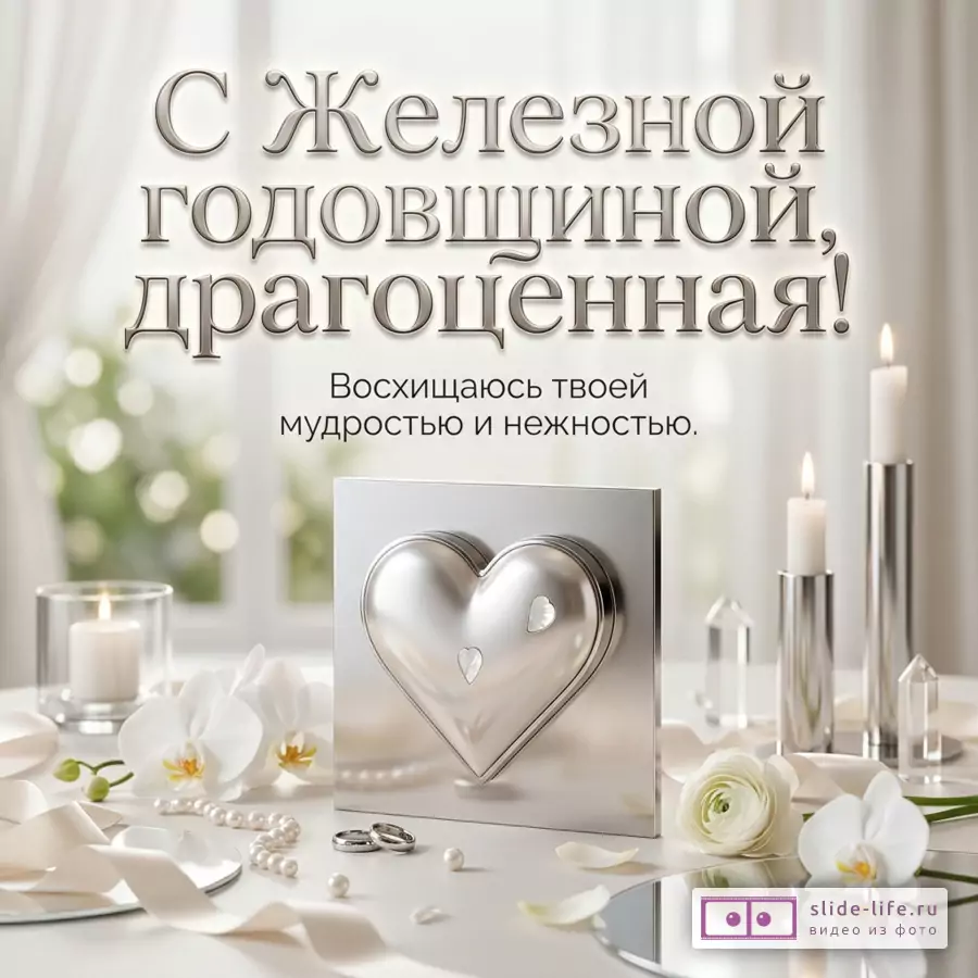 Светлый размытый фон, белые цветы, свечи, жемчуг, кольца и металлическое сердце на столе, текст «С Железной годовщиной, драгоценная! Восхищаюсь тем, как красиво ты хранишь очаг нашего долгого союза»