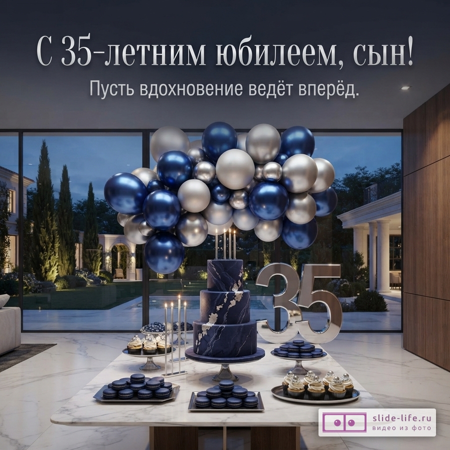 Праздничный стол с темно-синим тортом, серебряной цифрой 35, шарами и надписью «С 35-летним юбилеем, сын! Пусть вдохновение ведёт вперёд.»