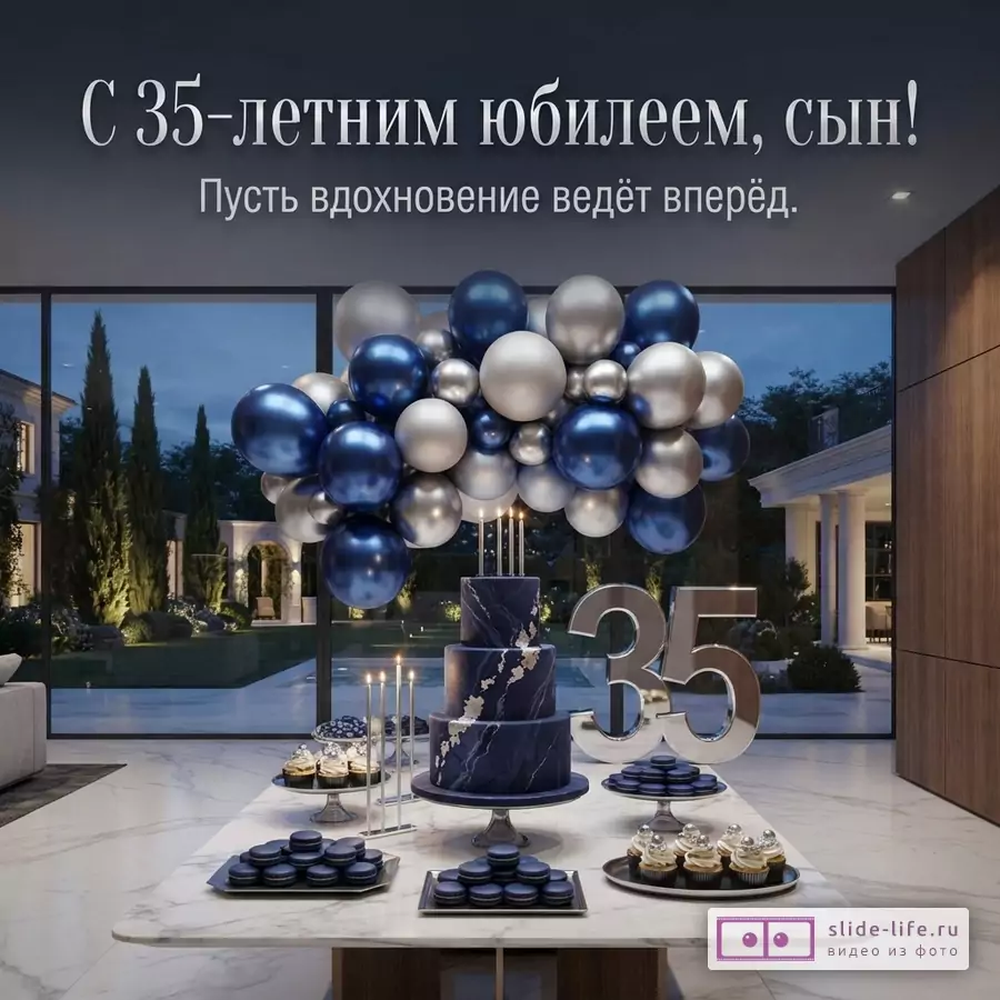 Праздничный стол с темно-синим тортом, серебряной цифрой 35, шарами и надписью «С 35-летним юбилеем, сын! Пусть вдохновение ведёт вперёд.»