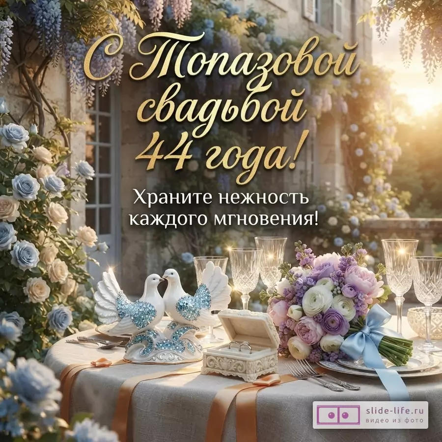 Праздничный стол на фоне дома, увитого цветами, с букетом сиреневых цветов, двумя белыми голубями и шкатулкой с кольцами. Текст: «С Топазовой свадьбой 44 года! Храните нежность каждого мгновения!»