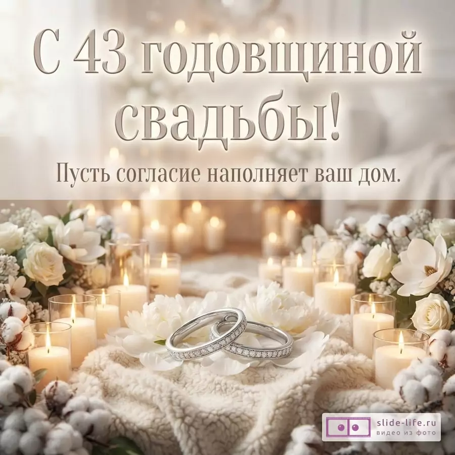 Светлый фон, свечи, белые цветы, хлопок, два обручальных кольца. Текст: «С 43 годовщиной свадьбы! Пусть согласие наполняет ваш дом.»