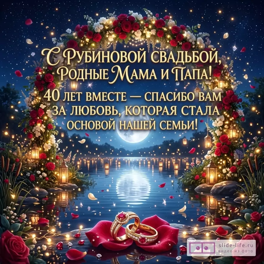 Темно-синий фон, луна, розы, фонари, озеро, кольца. «С Рубиновой свадьбой, Родные Мама и Папа! 40 лет вместе — спасибо вам за любовь, которая стала основой нашей семьи!»