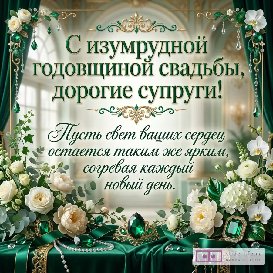 Открытка в изумрудно-золотых тонах с белыми цветами, зелеными шторами, драгоценными камнями, лентами и текстом «С изумрудной годовщиной свадьбы, дорогие супруги! Пусть свет ваших сердец остается таким же ярким, согревая каждый новый день.»