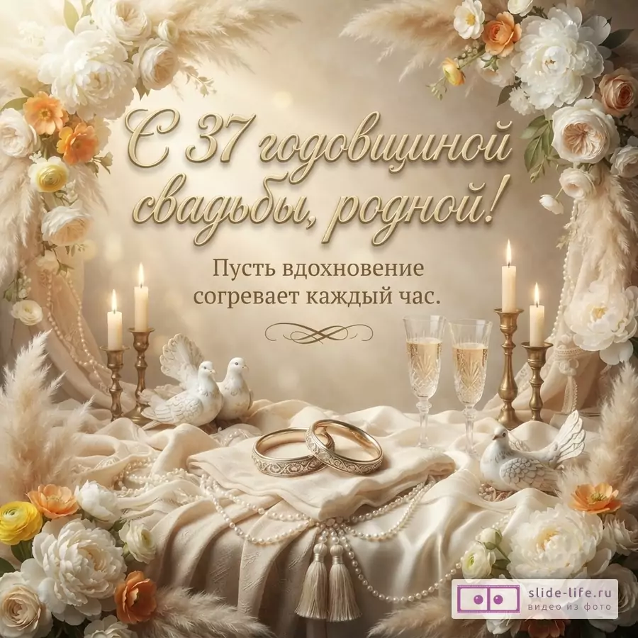 Бежевый фон, цветочная рамка из белых и оранжевых цветов, колосьев. В центре текст «С 37 годовщиной свадьбы, родной! Пусть вдохновение согревает каждый час.». Внизу столик с двумя обручальными кольцами, двумя бокалами шампанского, свечами и фигурками голубей.