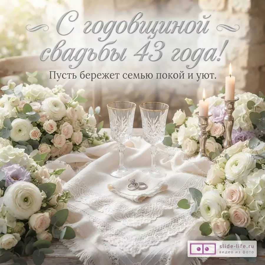 Стол с белой скатертью, двумя бокалами, двумя кольцами, свечами и букетами белых и розовых цветов. Текст: «С годовщиной свадьбы 43 года! Пусть бережет семью покой и уют.»