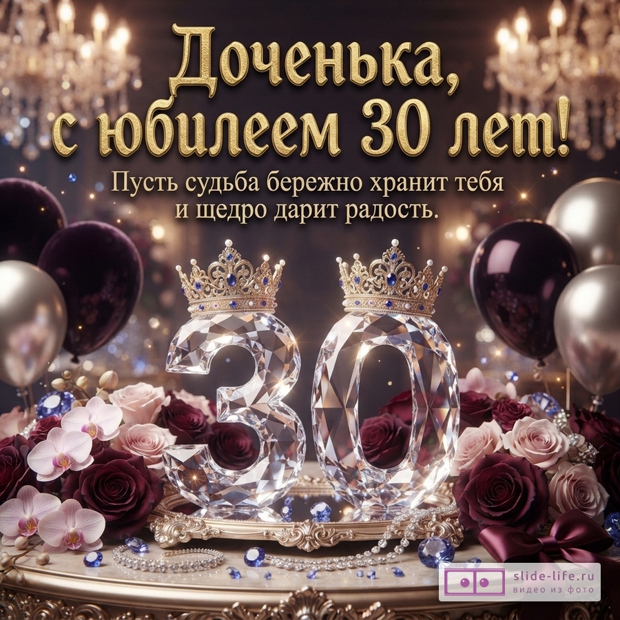 Хрустальная цифра 30 с коронами в окружении роз и воздушных шаров с текстом «Доченька, с юбилеем 30 лет! Пусть судьба бережно хранит тебя и щедро дарит радость.»