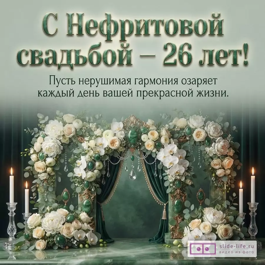 Свадебная арка с белыми цветами, нефритом и зажженными свечами, надпись: «С Нефритовой свадьбой — 26 лет! Пусть нерушимая гармония озаряет каждый день вашей прекрасной жизни.»