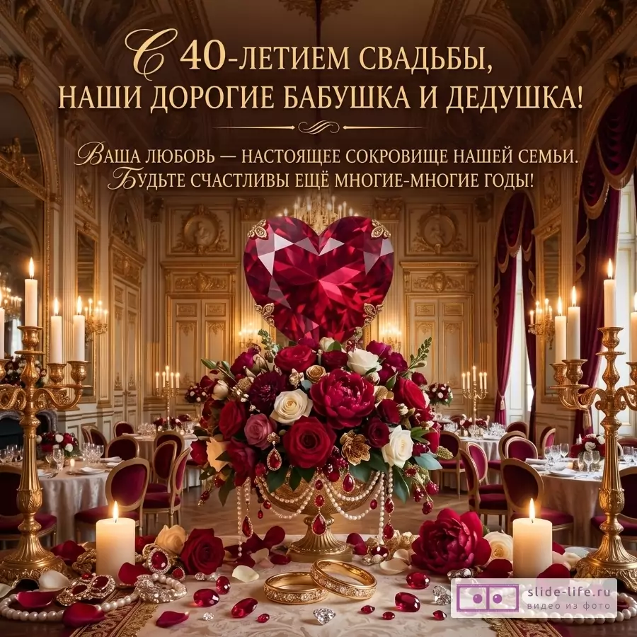 Темно-коричневый зал с золотым декором, свечами, рубиновыми розами и сердцем-камнем. «С 40-летием свадьбы, наши дорогие бабушка и дедушка!»