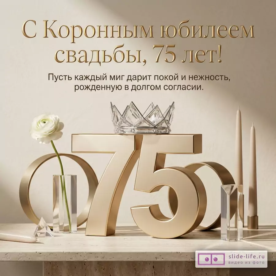 Цифра 75 с короной, кольца и цветок на каменном столе с текстом «С Коронным юбилеем свадьбы, 75 лет! Пусть каждый миг дарит покой и нежность, рожденную в долгом согласии».