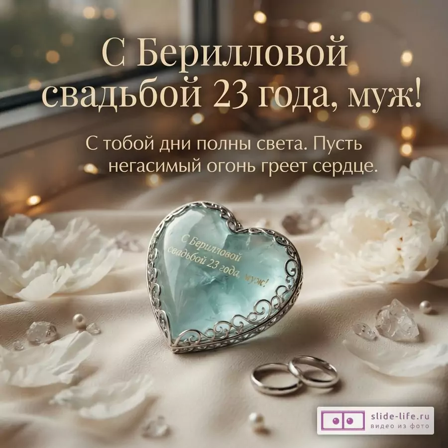 Стеклянное сердце в серебряной оправе, обручальные кольца и белые пионы с текстом «С Берилловой свадьбой 23 года, муж!»