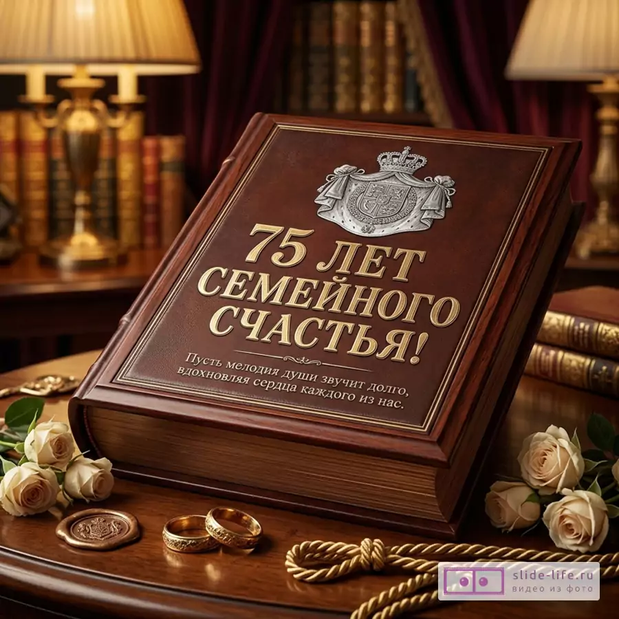 Фолиант в кожаном переплете с текстом «75 ЛЕТ СЕМЕЙНОГО СЧАСТЬЯ! Пусть мелодия души звучит долго, вдохновляя сердца каждого из нас.», обручальные кольца и розы на столе.