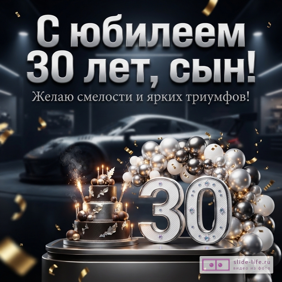 Темный праздничный фон со спортивным автомобилем, тортом со свечами, цифрой 30 и надписью «С юбилеем 30 лет, сын! Желаю смелости и ярких триумфов!»