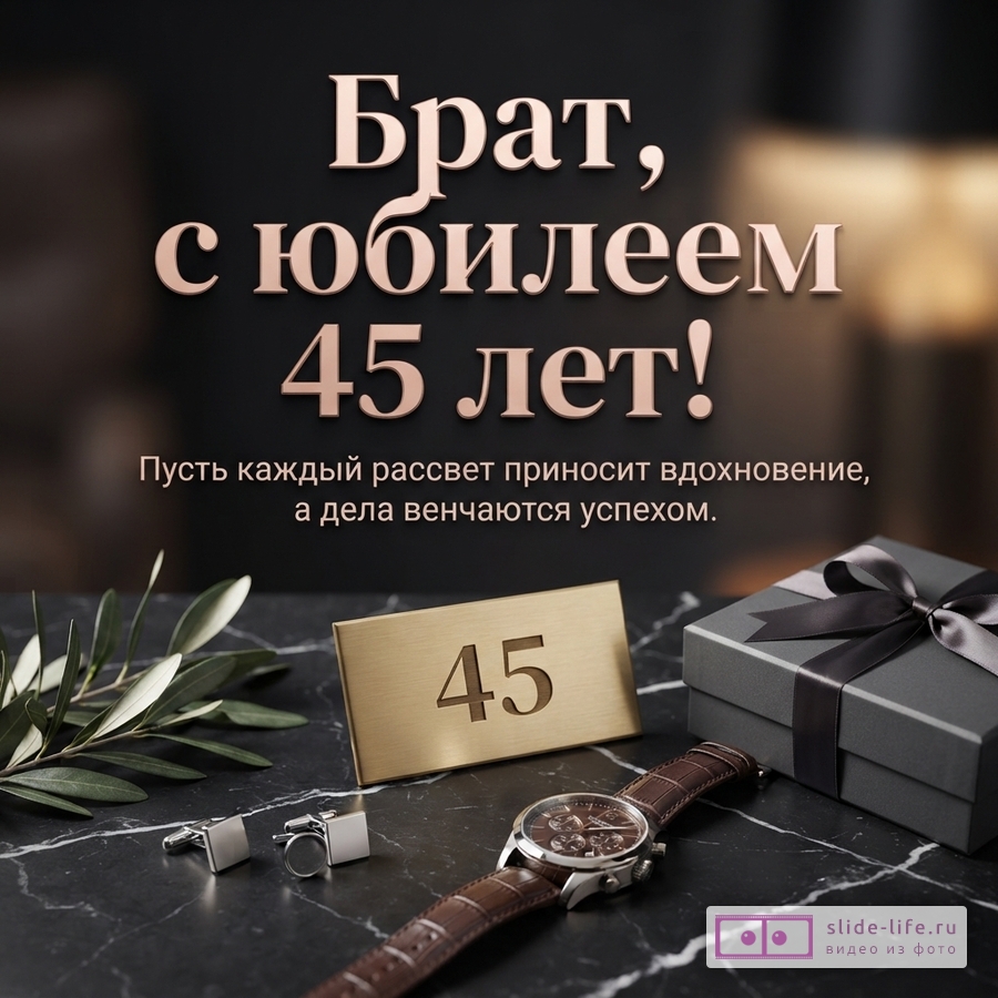 Открытка на черном фоне с золотистым текстом «Брат, с юбилеем 45 лет! Пусть каждый рассвет приносит вдохновение, а дела венчаются успехом.». На переднем плане часы, запонки, подарочная коробка и табличка с цифрой «45».
