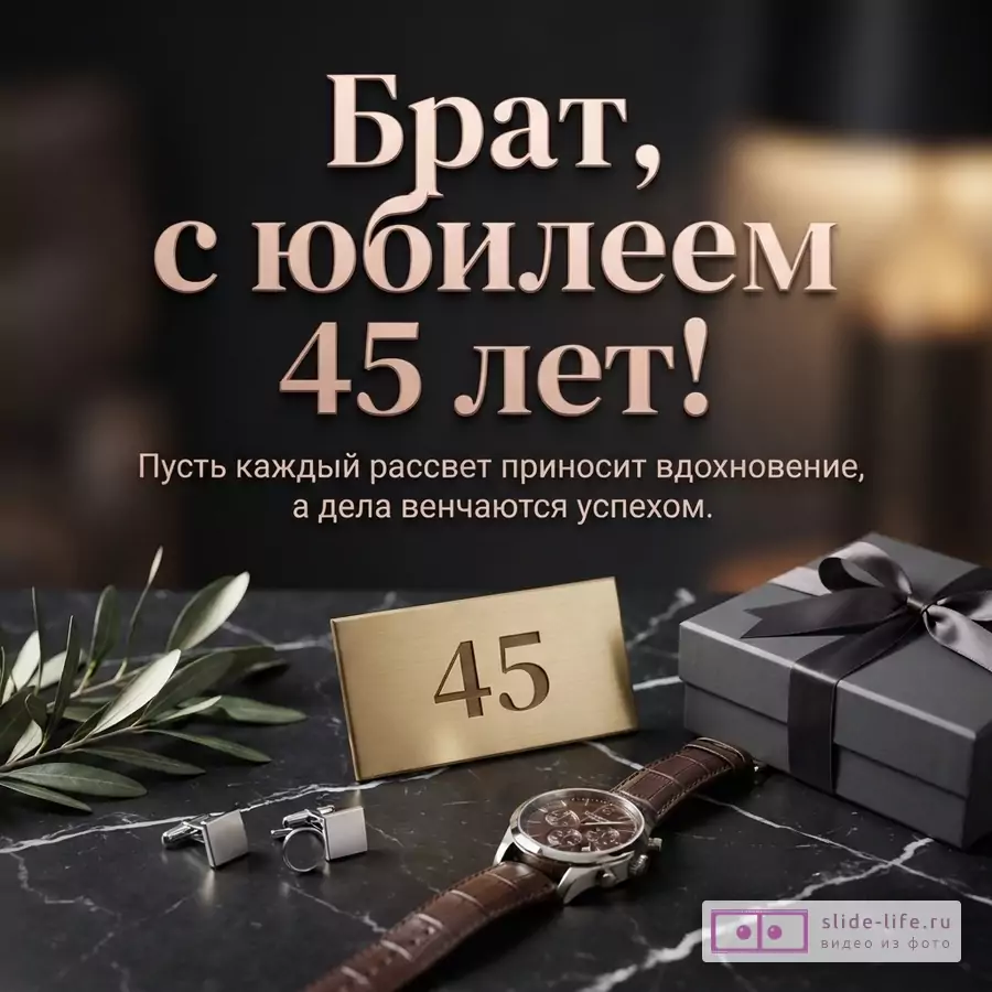 Открытка на черном фоне с золотистым текстом «Брат, с юбилеем 45 лет! Пусть каждый рассвет приносит вдохновение, а дела венчаются успехом.». На переднем плане часы, запонки, подарочная коробка и табличка с цифрой «45».